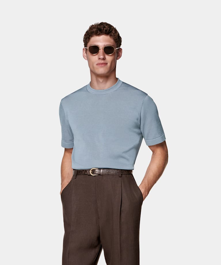 SUITSUPPLY Cotton Silk Light Blue Short Sleeve Crewneck
