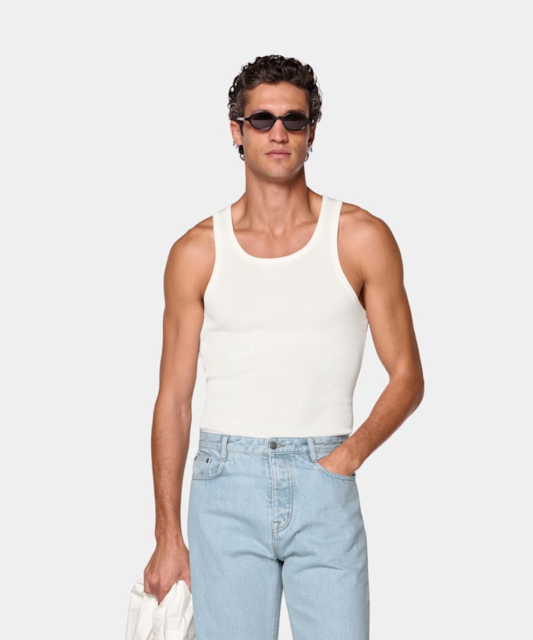 SUITSUPPLY Cotton Silk Off-White Ribbed Tank Top