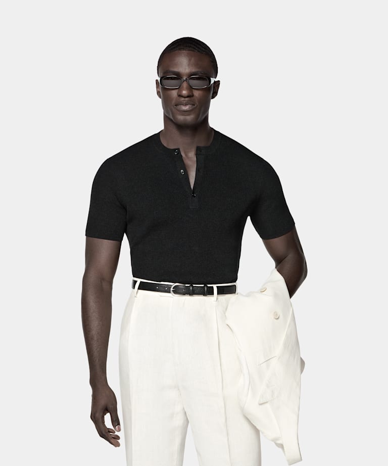SUITSUPPLY Katoen-zijde&shy;mix Zwarte Henley Met Korte Mouwen