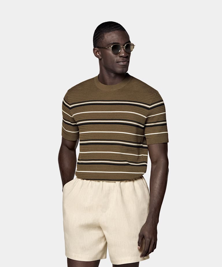 SUITSUPPLY Cotone e seta Girocollo jacquard a righe verde scuro maniche corte