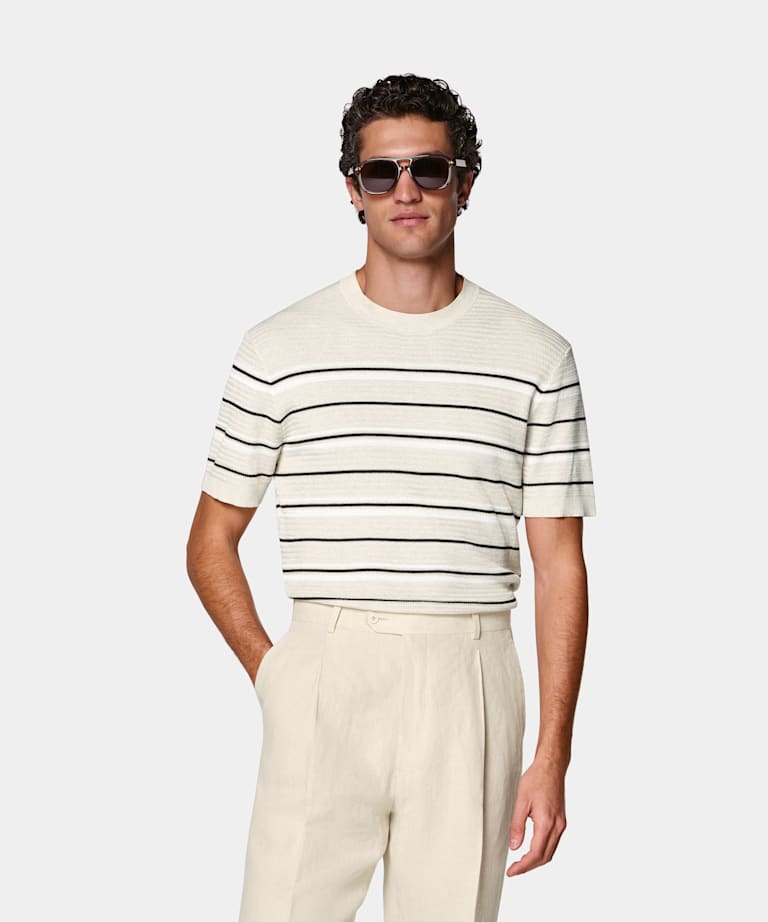 SUITSUPPLY Algod&oacute;n y seda Camiseta de jacquard a rayas color arena de manga corta y cuello redondo.