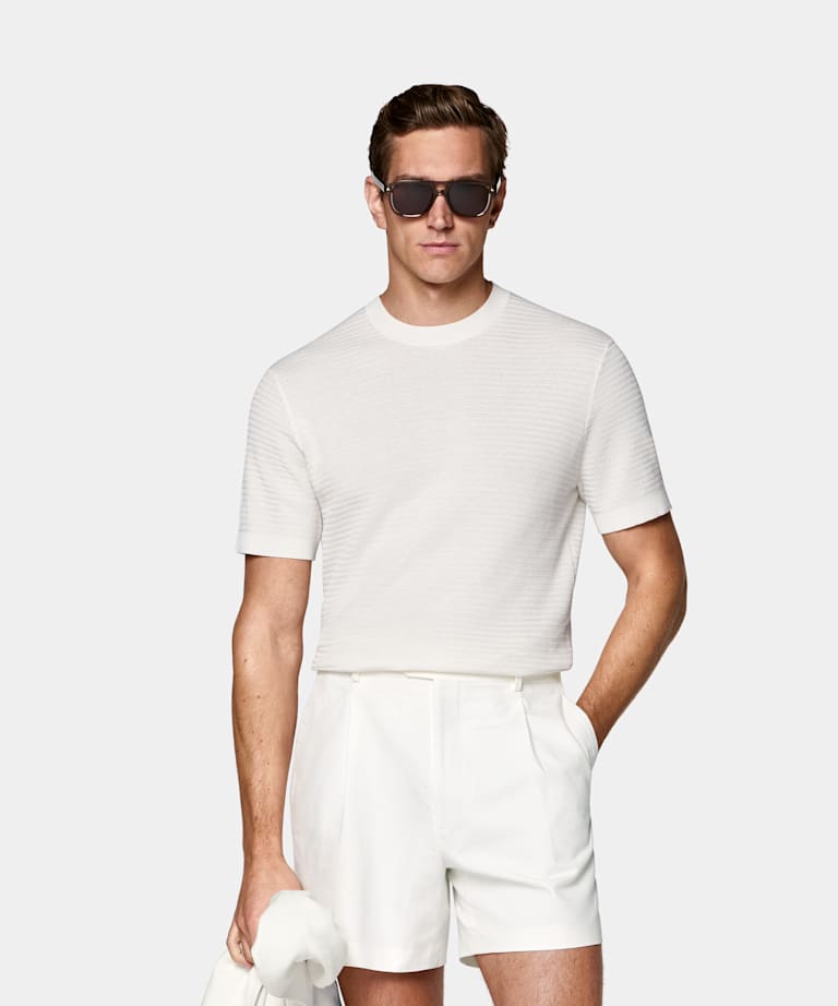 SUITSUPPLY Algod&oacute;n y seda Cuello redondo jacquard crudo de manga corta