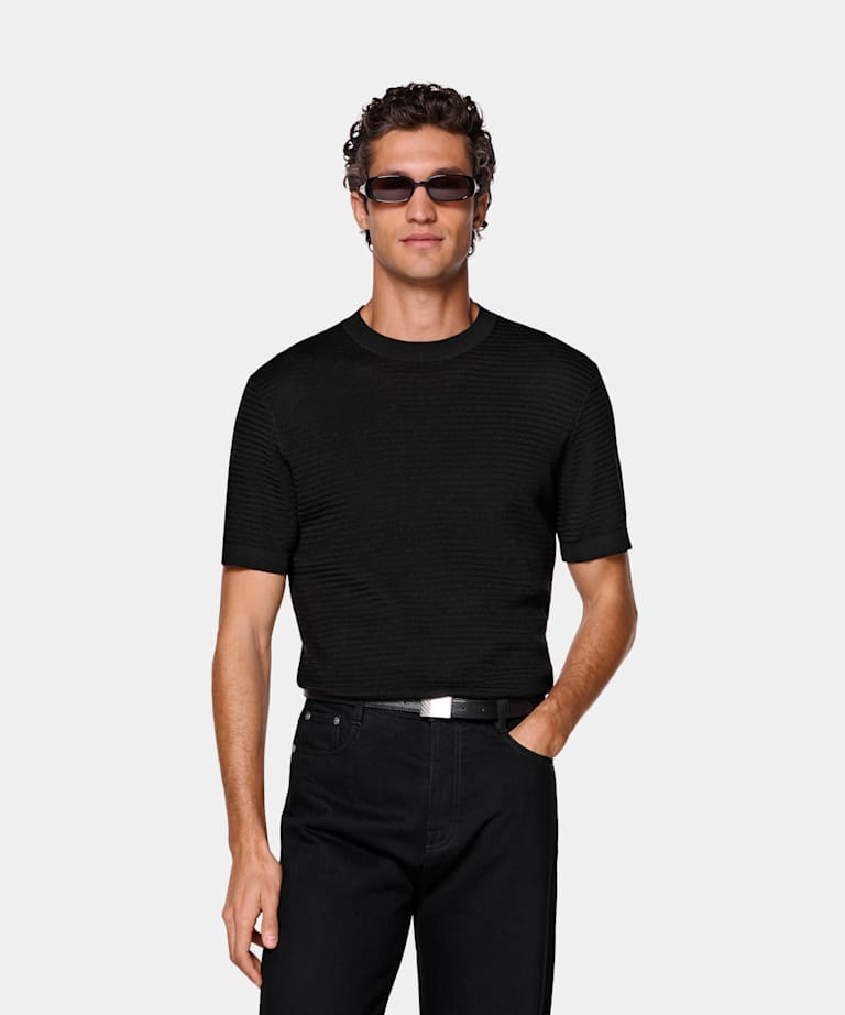 SUITSUPPLY Coton et soie Col rond en jacquard noir &agrave; manches courtes.