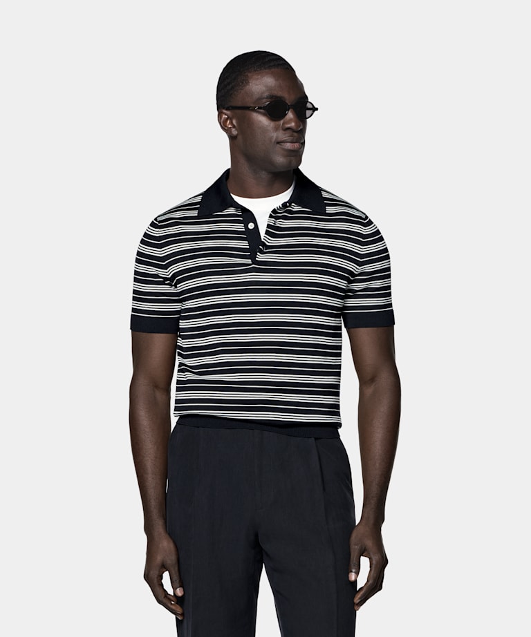 SUITSUPPLY Katoen-zijde Navy Gestreept Poloshirt