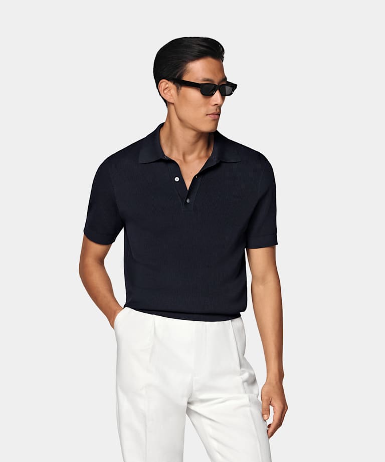 SUITSUPPLY 棉、丝绸 藏青色罗纹 Polo 衫