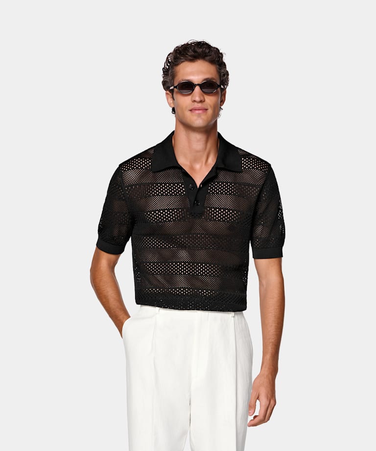 SUITSUPPLY Katoen-zijde Zwarte Gehaakte Poloshirt