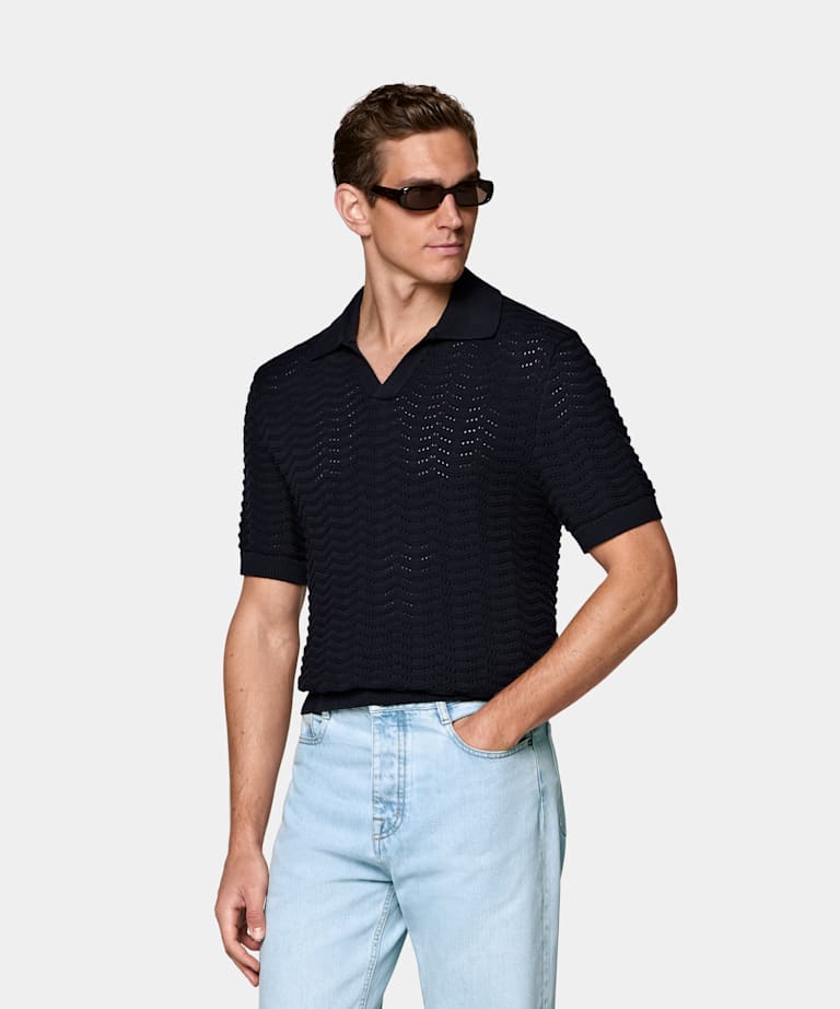 SUITSUPPLY Katoen-zijde Navy Crochet Poloshirt Zonder Knopen