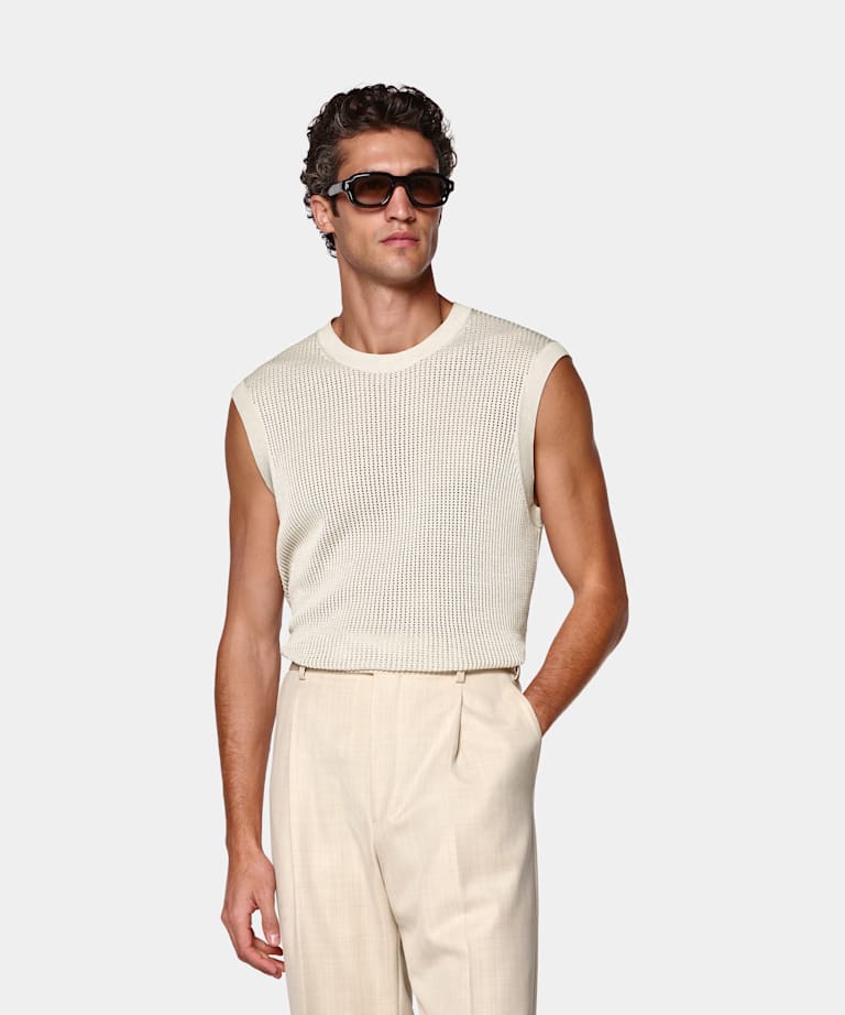 SUITSUPPLY Bawełna/jedwab Bezrękawnik crewneck z wzorem szydełkowym, piaskowy kolor