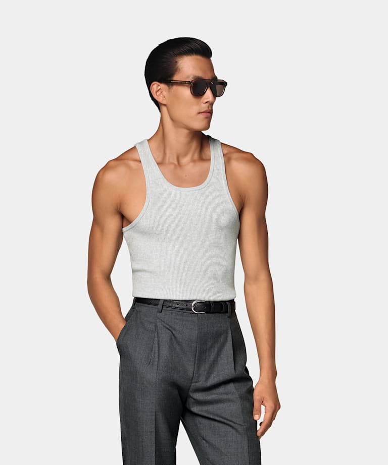 SUITSUPPLY Cotton Cashmere Light Grey Ribbed Tank Top