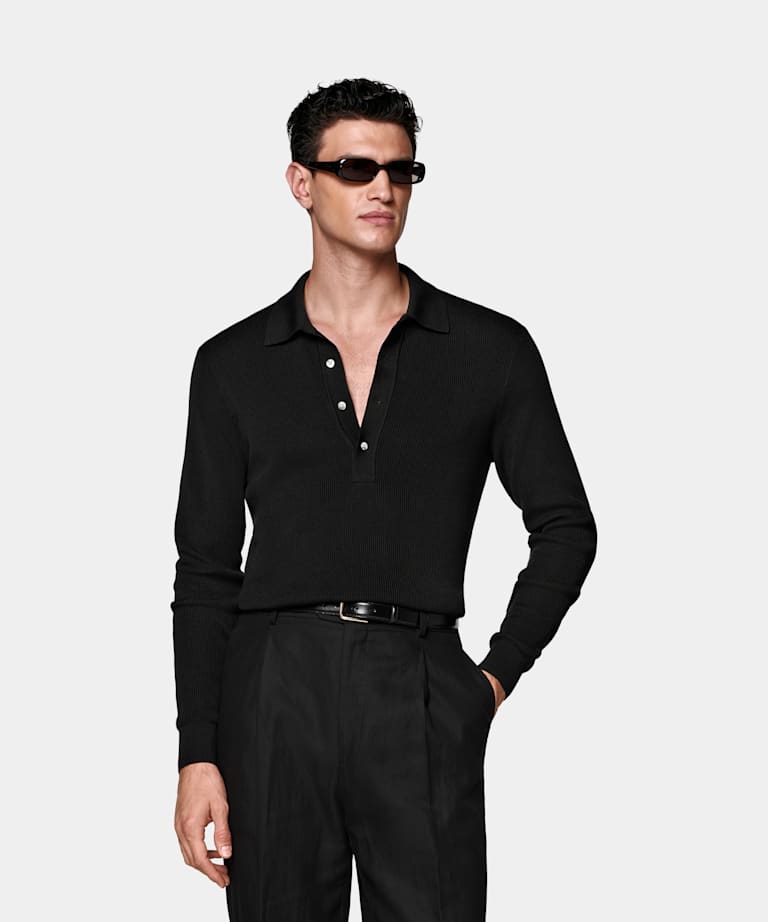 SUITSUPPLY Cotton Silk Black Ribbed Long Sleeve Polo