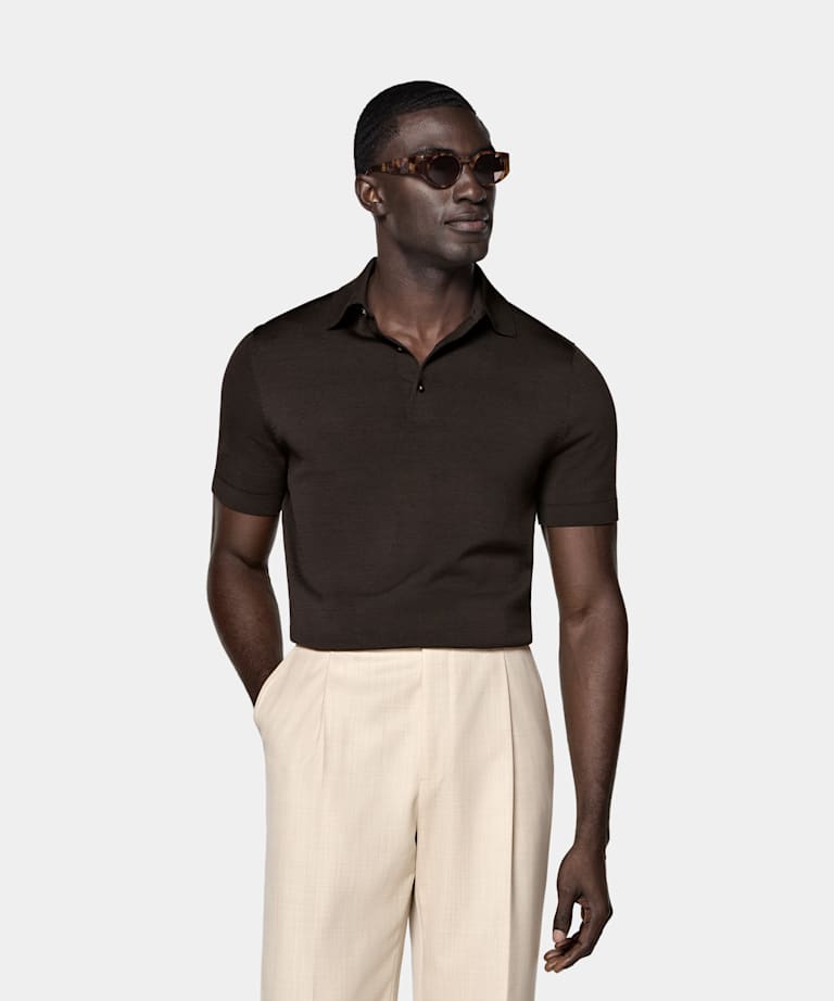 SUITSUPPLY Katoen-zijde Donkerbruine Polo