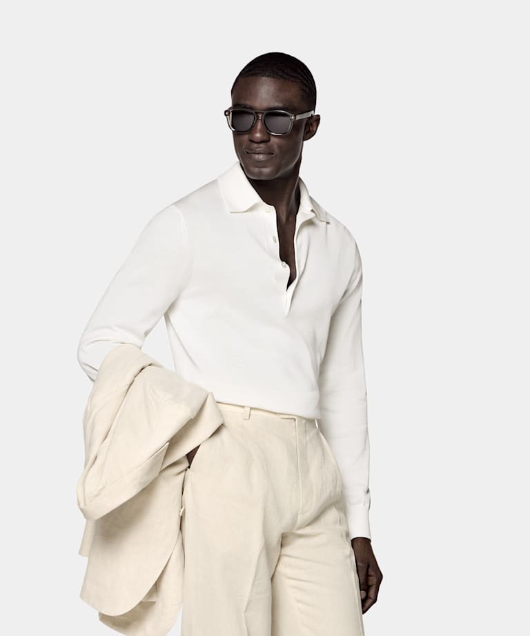 SUITSUPPLY Cotone e seta Polo a maniche lunghe color panna