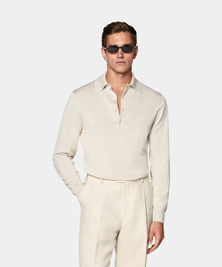 SUITSUPPLY Cotton Silk Sand Long Sleeve Polo