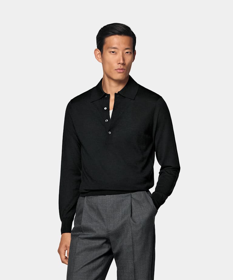 SUITSUPPLY Pure Cashmere Black Long Sleeve Polo
