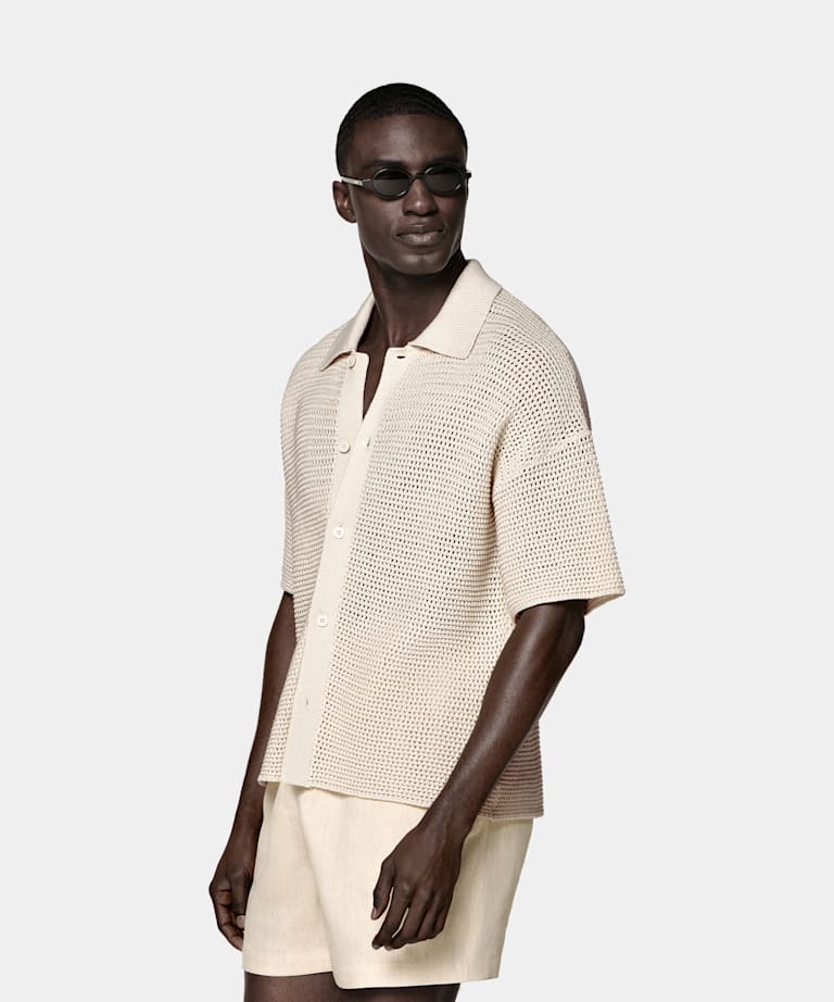 SUITSUPPLY Pure Cotton Sand Crochet Polo Cardigan