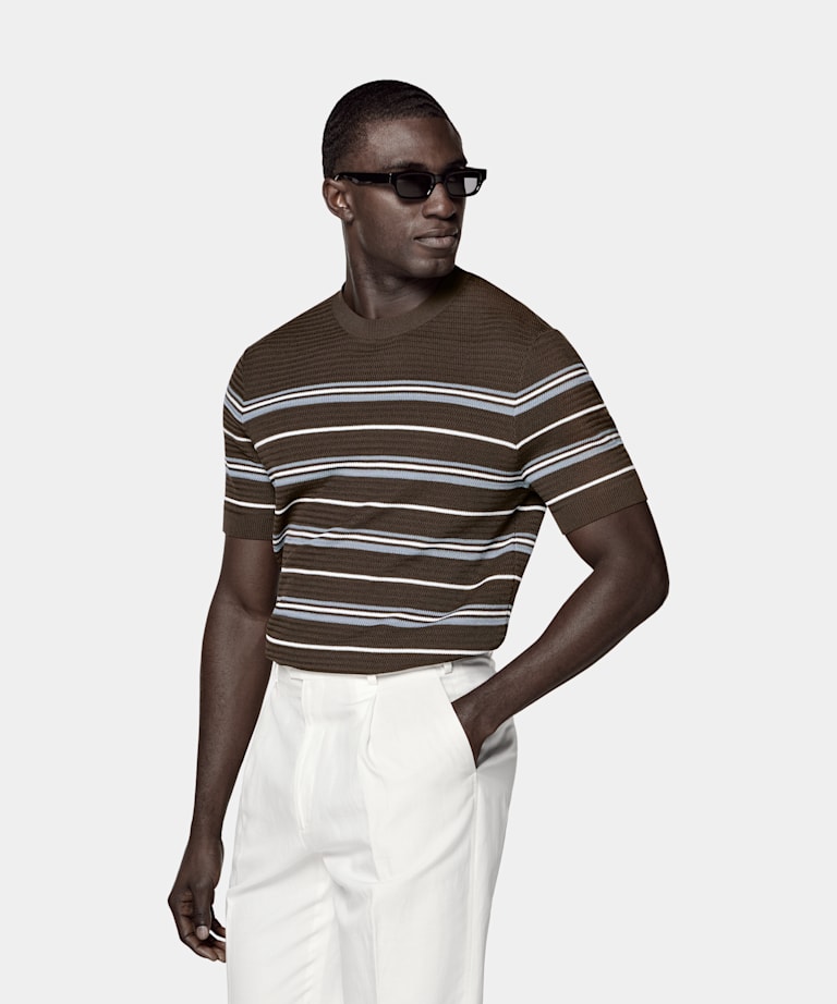 SUITSUPPLY Cotton Silk Mid Brown Striped Jacquard Short Sleeve Crewneck