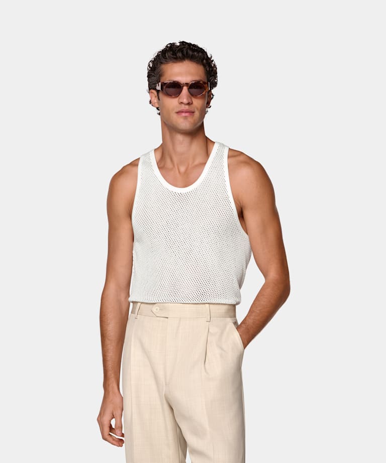 SUITSUPPLY Pure Cotton Off-White Crochet Tank Top