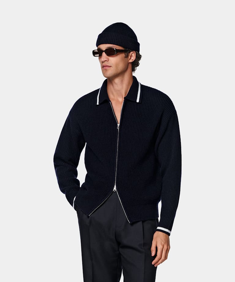 SUITSUPPLY Wool Cashmere Navy Zip Cardigan
