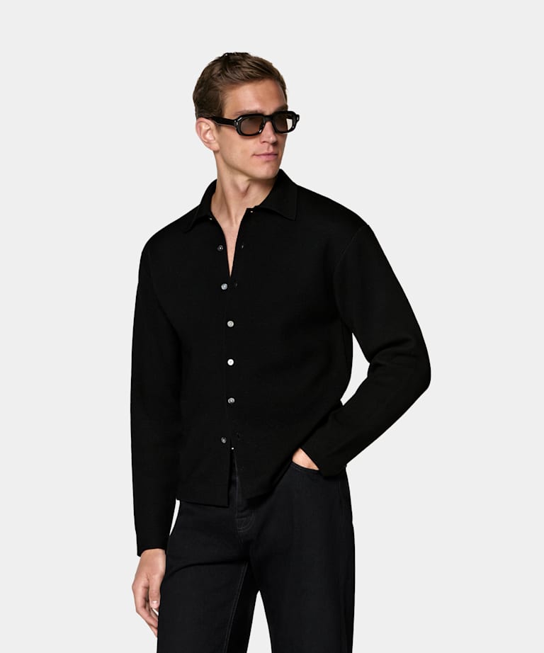 SUITSUPPLY Pure laine Cardigan col polo &agrave; manches longues noir