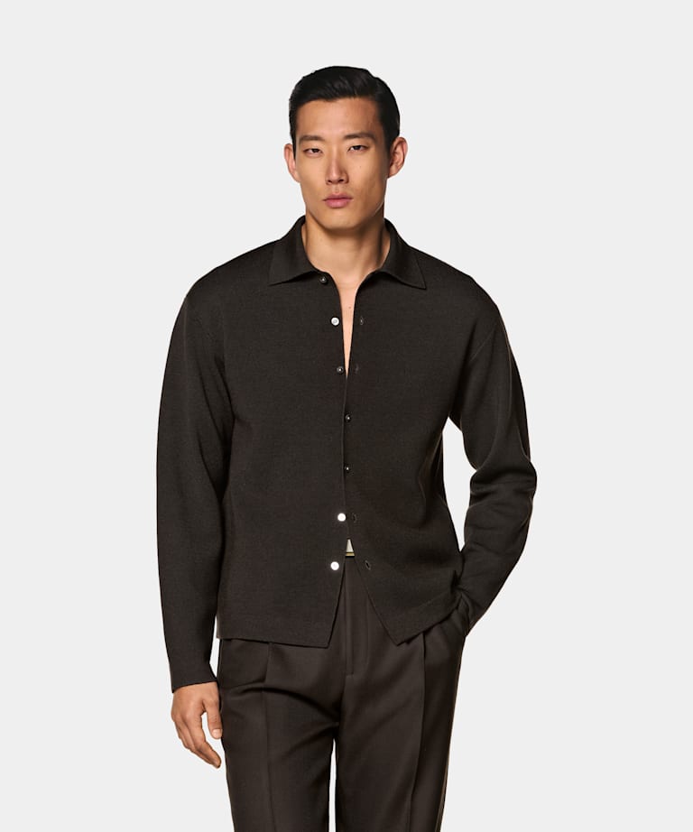 SUITSUPPLY Pure Wool Dark Brown Long Sleeve Polo Cardigan