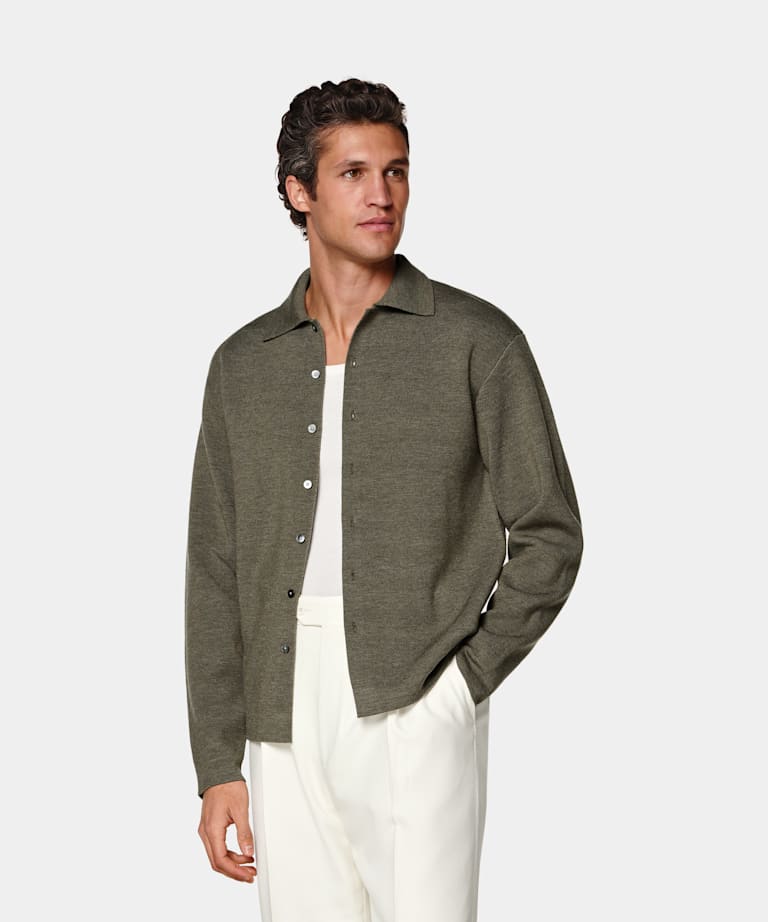 SUITSUPPLY Reine Schurwolle Polo-Cardigan mittelgr&uuml;n Langarm