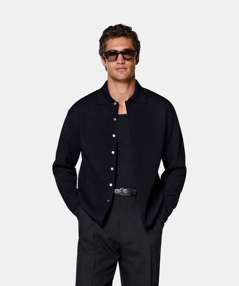 SUITSUPPLY Pure Wool Navy Long Sleeve Polo Cardigan