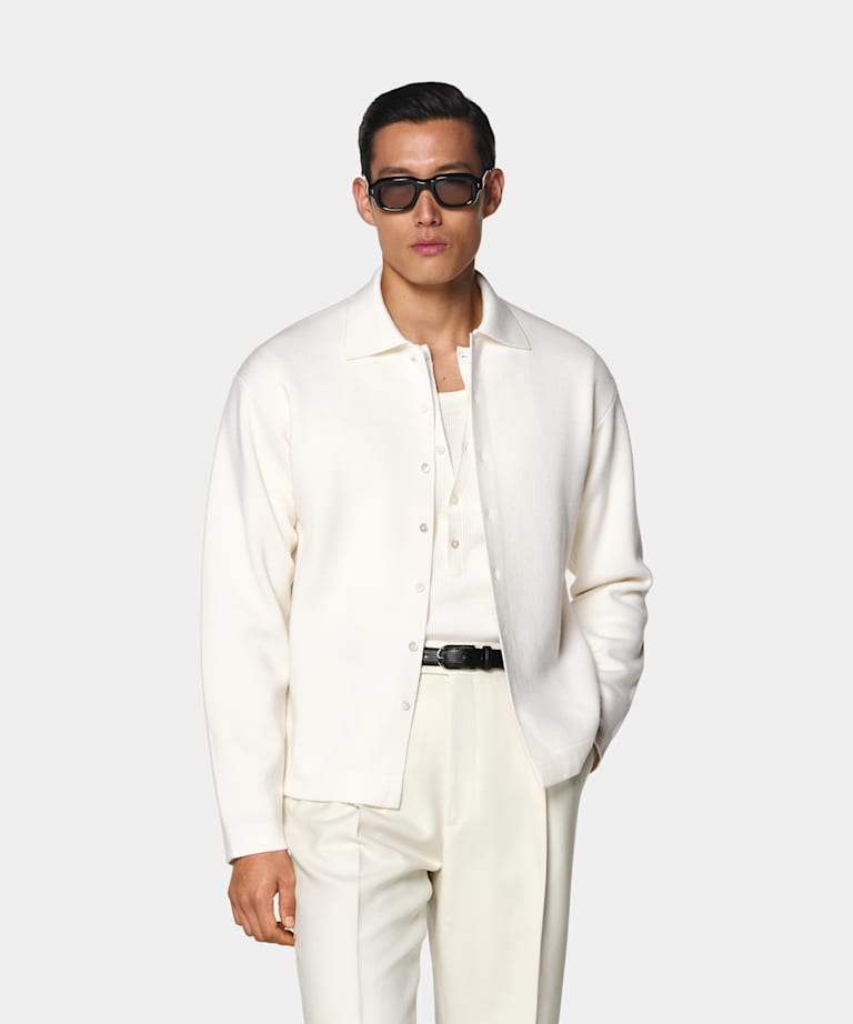 SUITSUPPLY Pure laine Cardigan col polo &agrave; manches longues blanc cass&eacute;