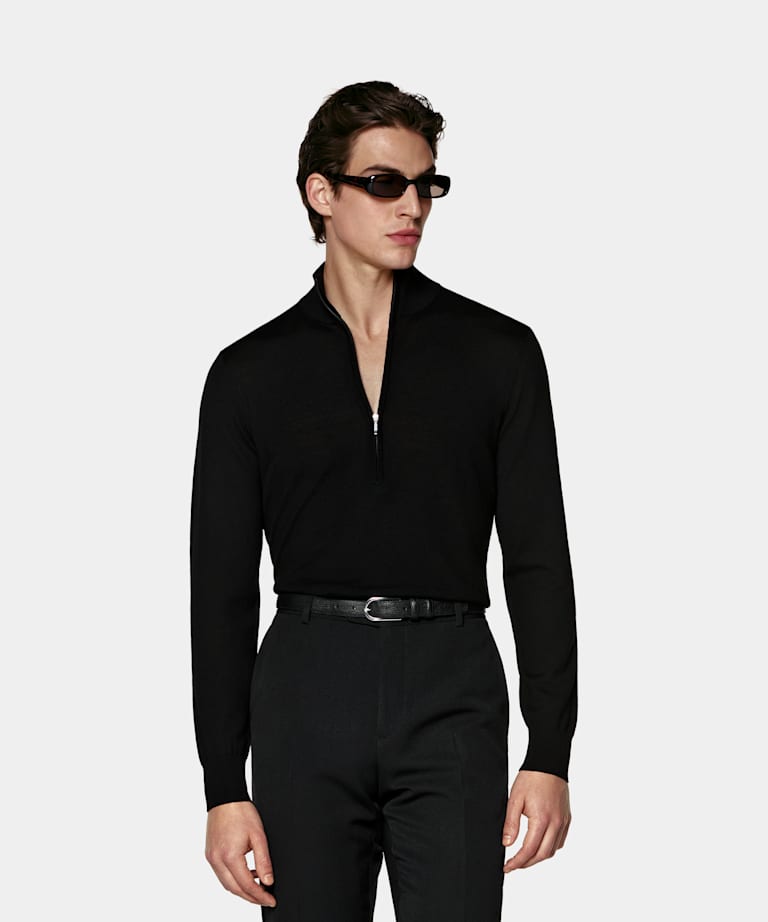SUITSUPPLY Pure Wool Black Merino Half Zip