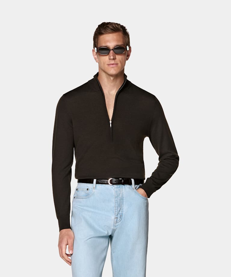 SUITSUPPLY Pure Wool Dark Brown Merino Half Zip