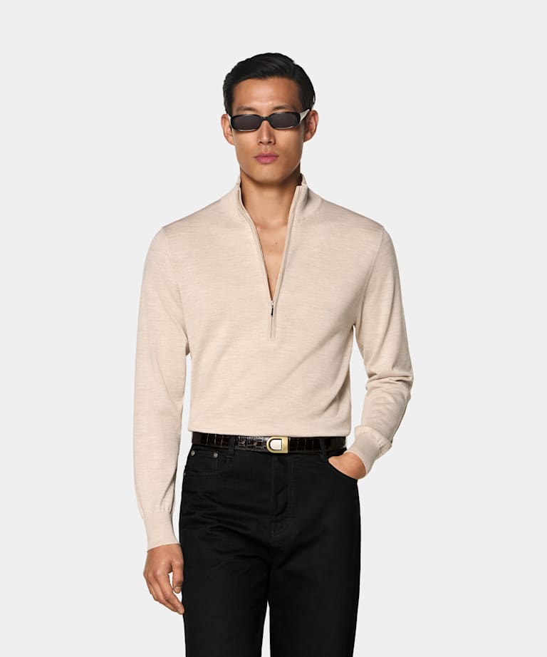 SUITSUPPLY Pure Wool Light Brown Merino Half Zip