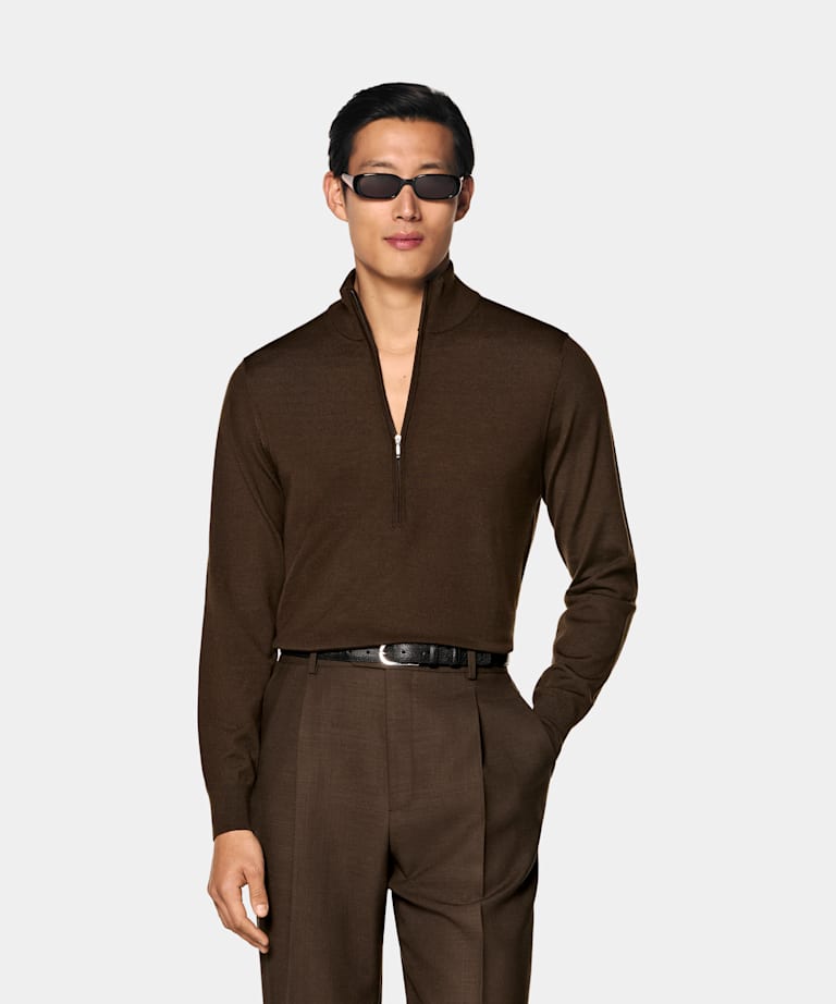 SUITSUPPLY Pure Wool Mid Brown Merino Half Zip