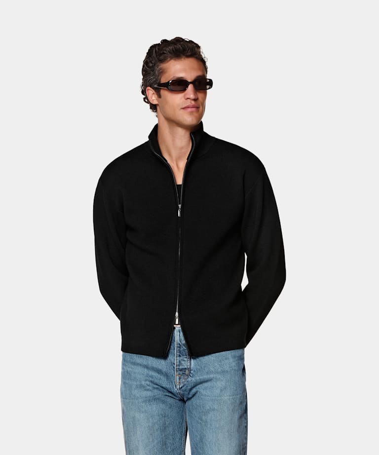 SUITSUPPLY Pure Wool Black Merino Zip Cardigan