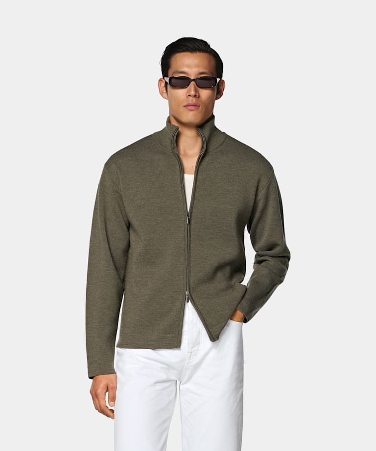 SUITSUPPLY Pure Wool Mid Green Merino Zip Cardigan