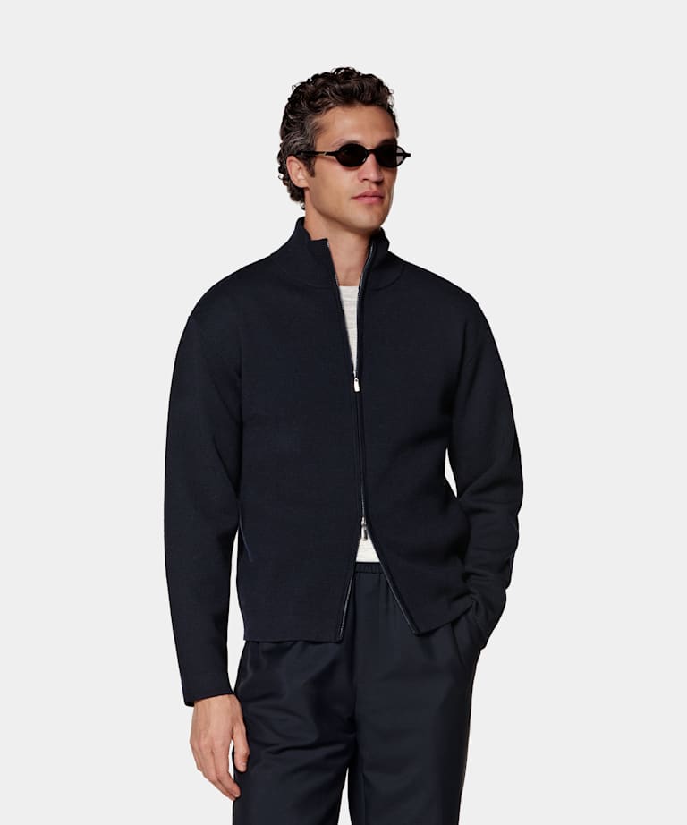 SUITSUPPLY Pure Wool Navy Merino Zip Cardigan