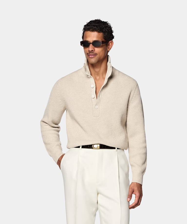 SUITSUPPLY Wool Cashmere Light Brown Ribbed Long Sleeve Funnel-Neck