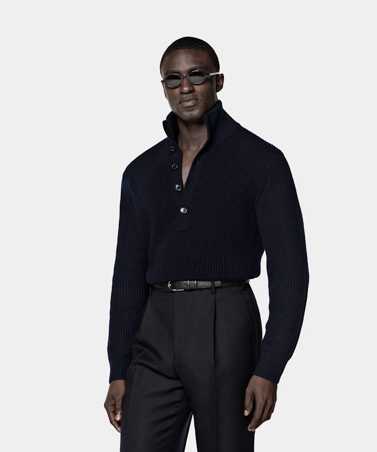 SUITSUPPLY Wool Cashmere Navy Ribbed Long Sleeve Funnel-Neck