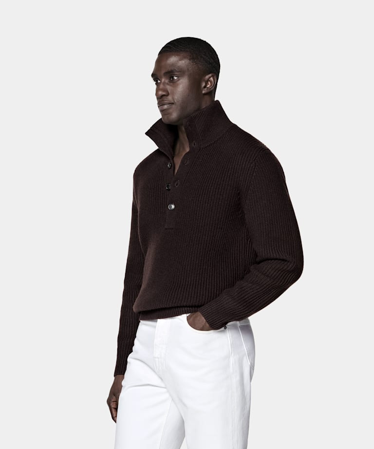 SUITSUPPLY Wool Cashmere Dark Purple Ribbed Long Sleeve Funnel-Neck