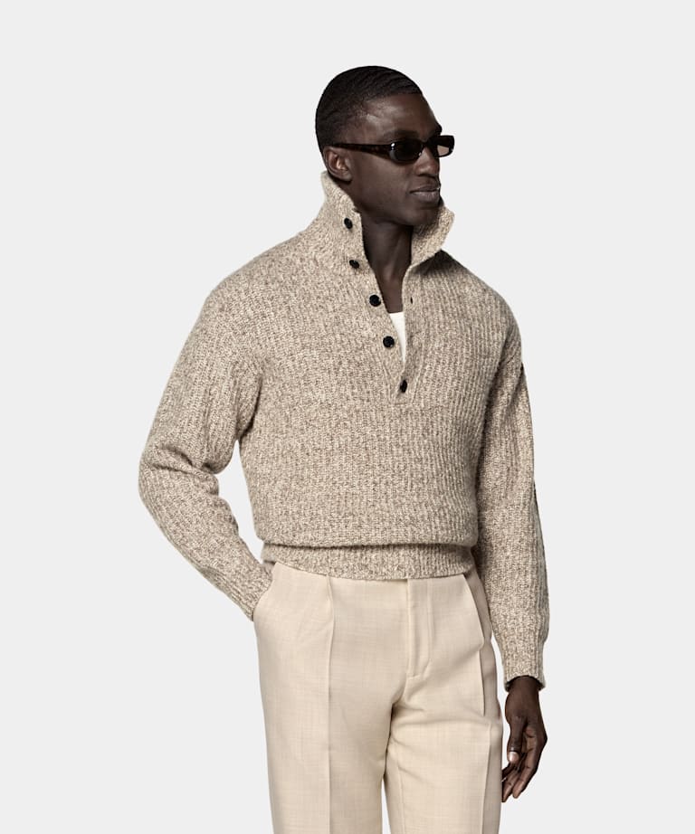 SUITSUPPLY Cashmere Wool Nylon Light Brown Ribbed Moulin&eacute; Long Sleeve Funnel-Neck