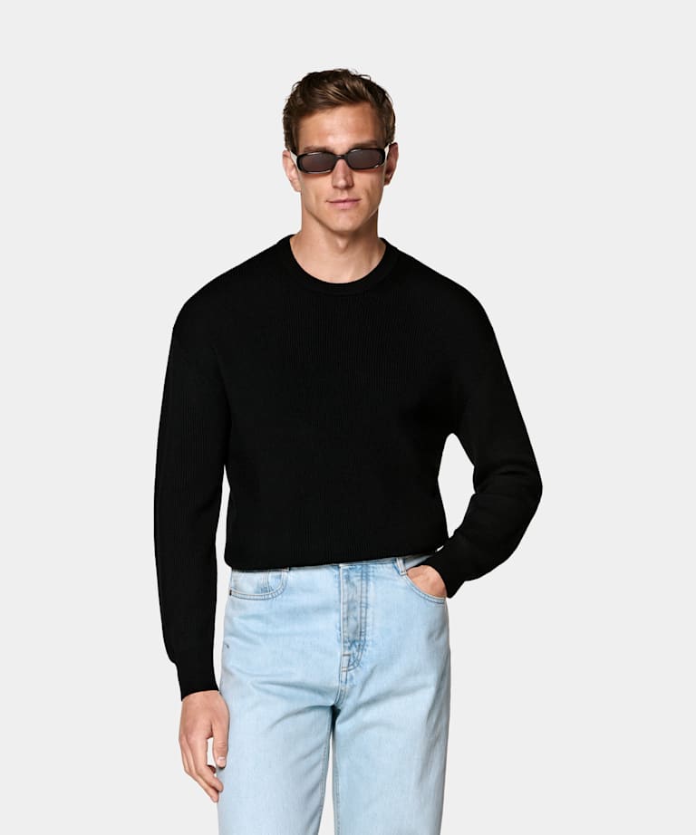 SUITSUPPLY Pure Wool Black Ribbed Merino Crewneck