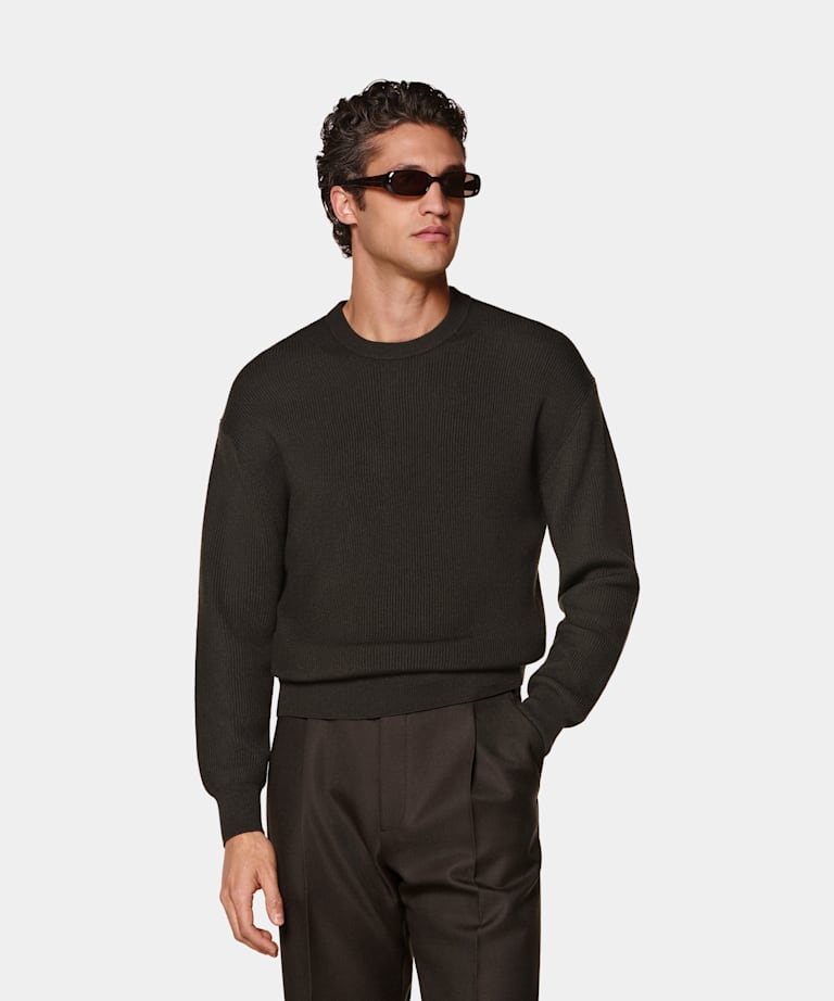 SUITSUPPLY Pure Wool Dark Brown Ribbed Merino Crewneck
