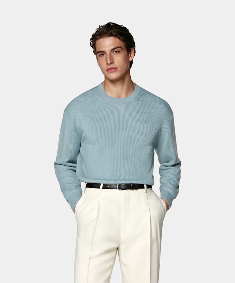 SUITSUPPLY Pura lana Cuello redondo acanalado Merino azul claro