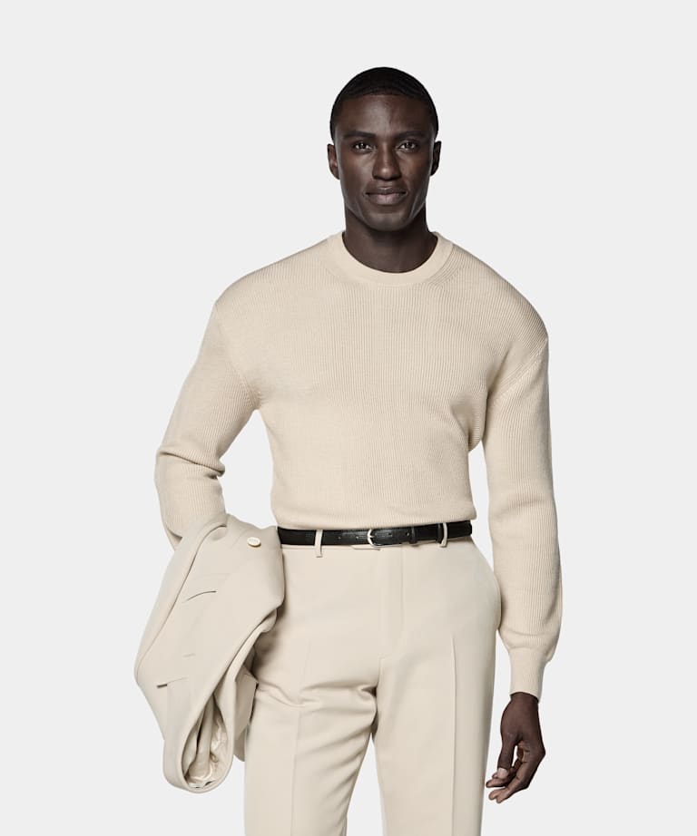 SUITSUPPLY Pure Wool Light Brown Ribbed Merino Crewneck