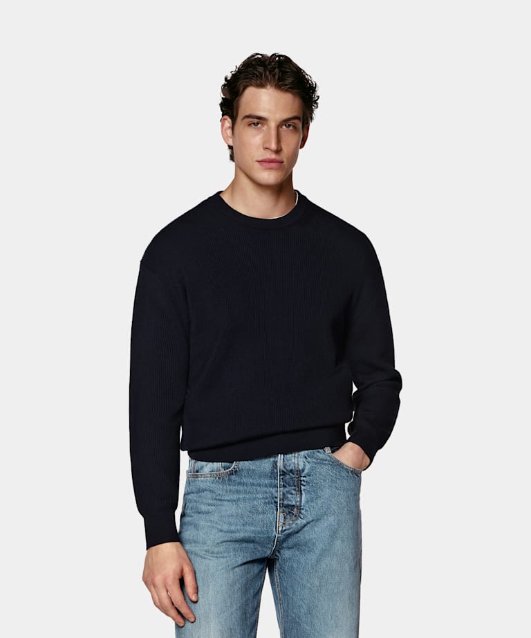 SUITSUPPLY Pure Wool Navy Ribbed Merino Crewneck