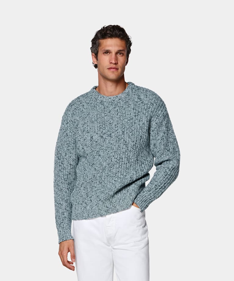 SUITSUPPLY Wool Cotton Mid Blue Moulin&eacute; Crewneck