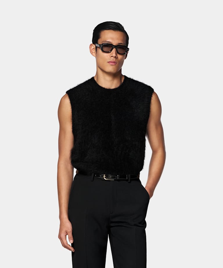 SUITSUPPLY Alpaca Blend Black Shaggy Sleeveless Crewneck