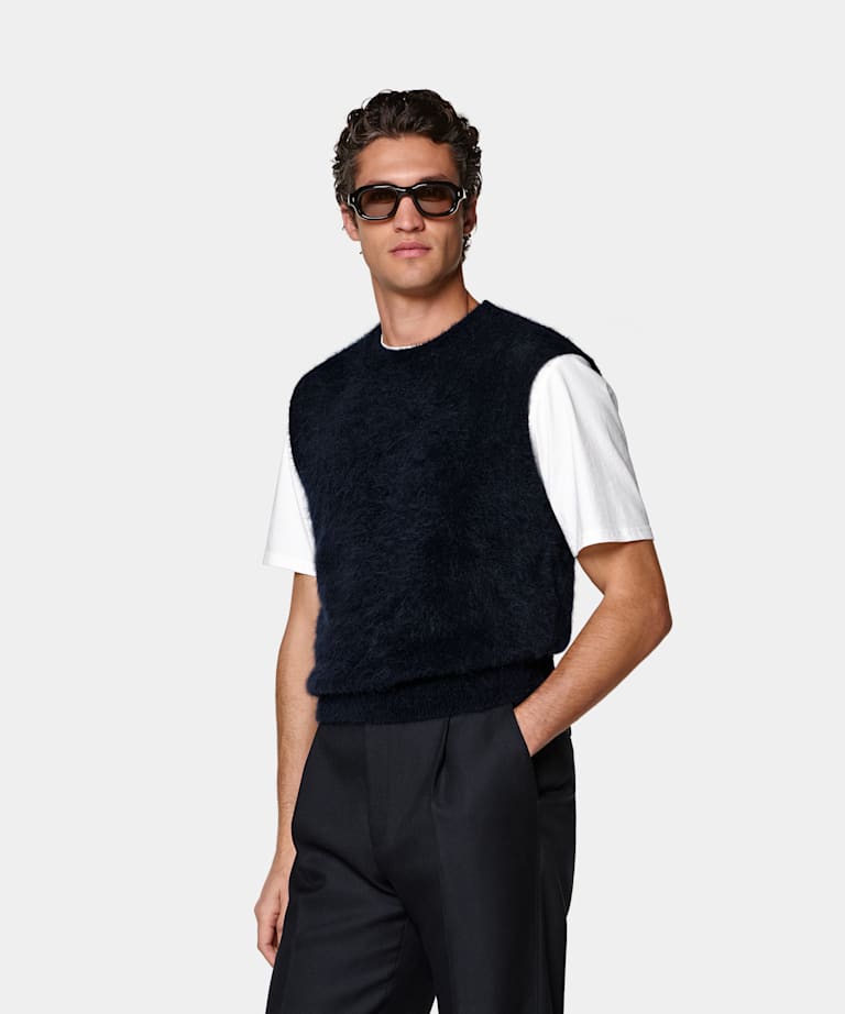 SUITSUPPLY Alpaca Blend Navy Shaggy Sleeveless Crewneck
