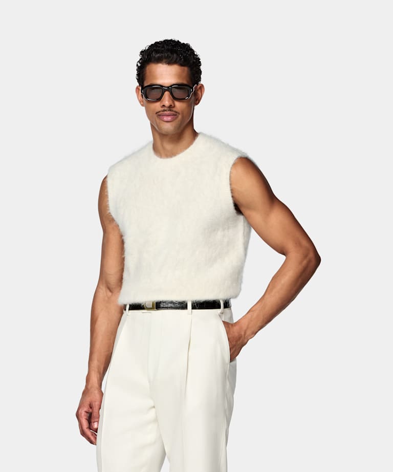 SUITSUPPLY M&eacute;lange alpaga Col rond duveteux et sans manches blanc cass&eacute;