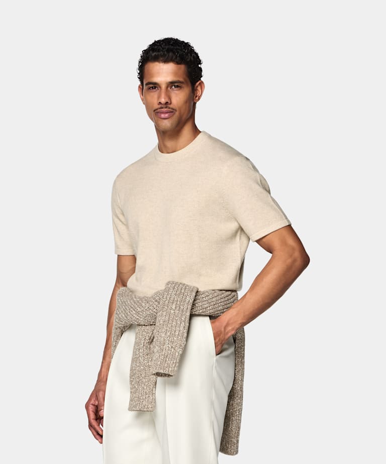 SUITSUPPLY Wool Cashmere Light Brown Short Sleeve Crewneck