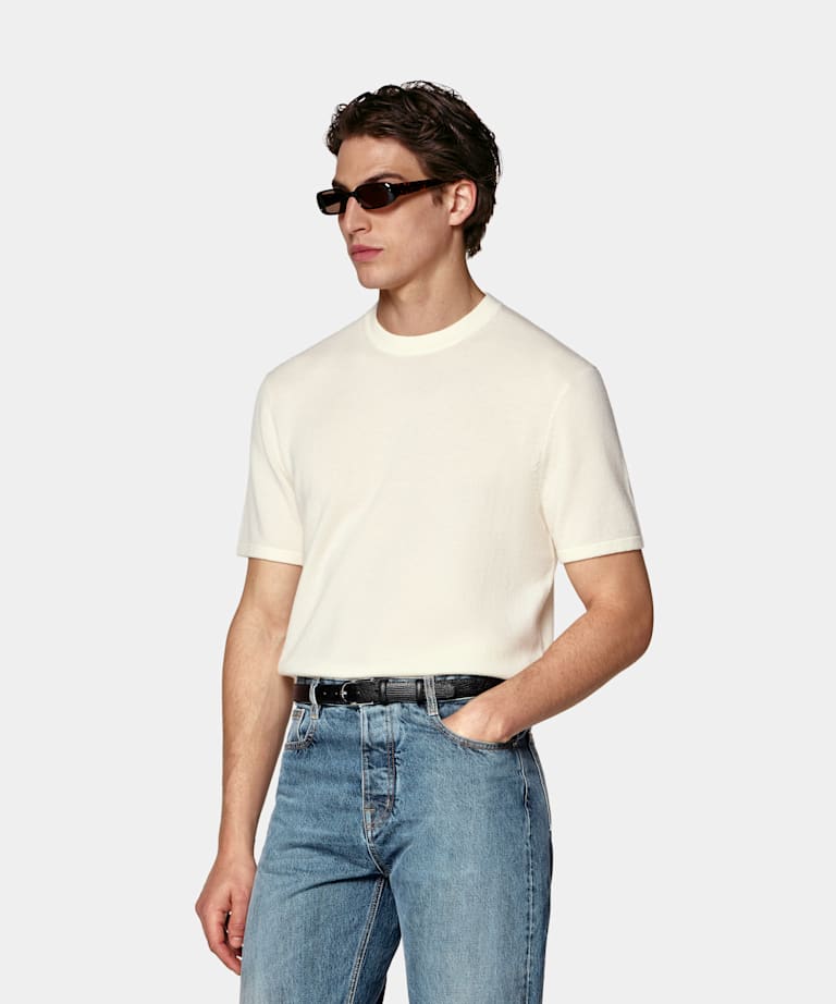 SUITSUPPLY Laine et cachemire Col rond &agrave; manches courtes, blanc cass&eacute;