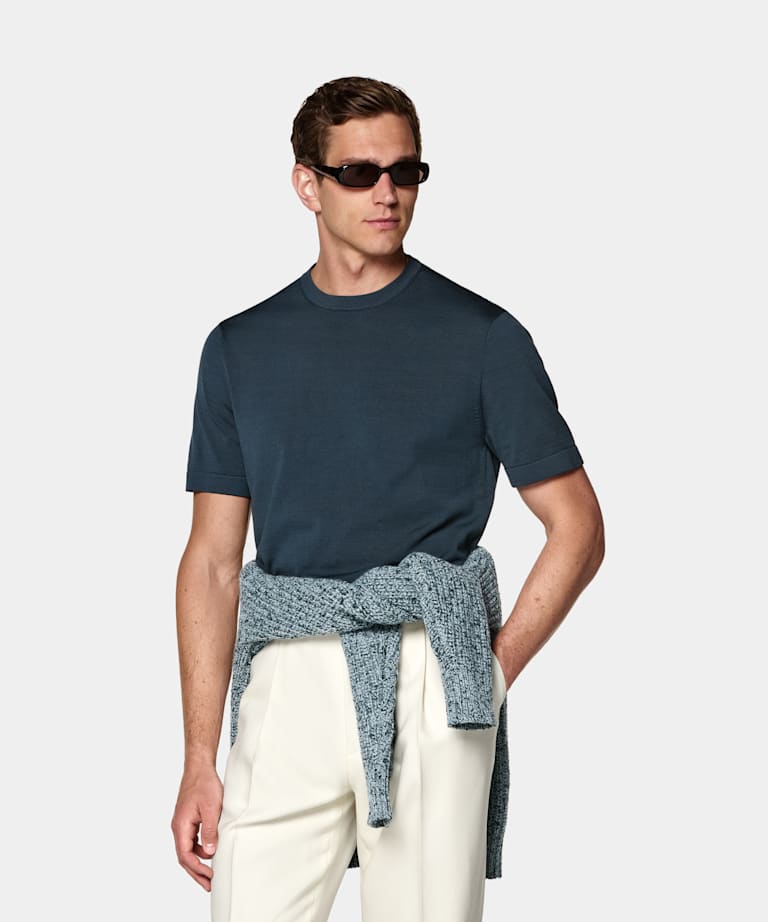 SUITSUPPLY Cotton Silk Mid Blue Short Sleeve Crewneck